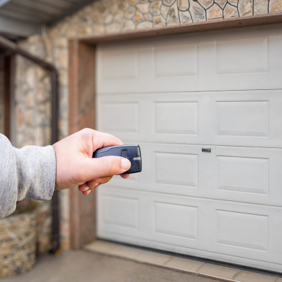 Evansville security key fob pointing to a garage door