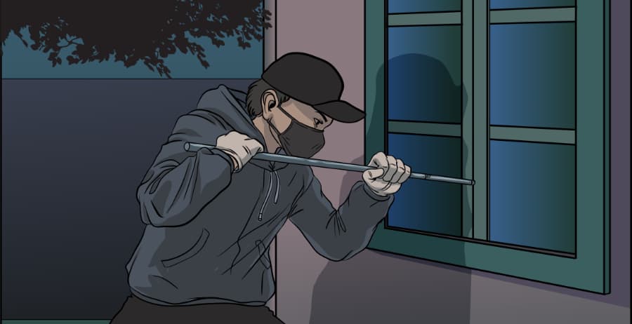 Illustration of burglar forcing entry through a window in Evansville